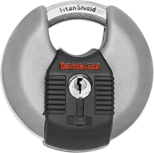 Vista 10 de DoubleLock Candado de combinación de disco de cangrejo, candado redondo de acero endurecido, resistente a la intemperie, cerradura combinada