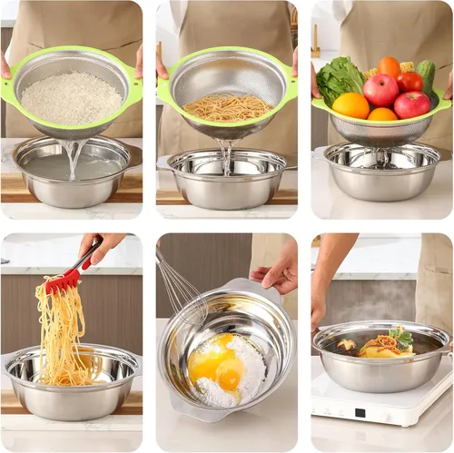 Vista 7 de Colador de acero inoxidable microporoso, colador de arroz de 2QT con tazón para mezclar, juego de tazón para lavar arroz con asa, coladores