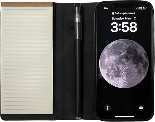 Vista 7 de MOJO - Funda para teléfono con bloc de notas para iPhone 13, 14 y 15, funda plegable con mini bolígrafo y bloc de notas (negro)