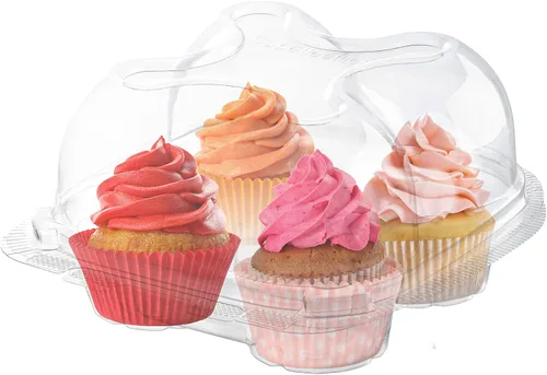 Vista 2 de Cajas de plástico para cupcakes 4 compartimentos – Paquete de 50 Soporte desechable para cupcakes de cúpula alta con tapa a granel Cajas