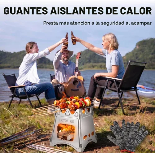 Vista 7 de Estufa de leña portátil para camping, de acero inoxidable, ligera, de arranque rápido, con bolsa de transporte para cocinar al aire libre