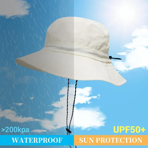 Vista 3 de NPJY Packable Sun Bucket Hat for Women Outdoor Waterproof Rain Hat Beige liso (plegable)