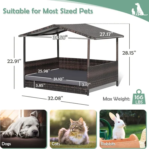 Vista 7 de Casa de cama de mimbre para perros, casas para perros de ratán de polietileno de alta densidad para interiores y exteriores, casa para mascotas