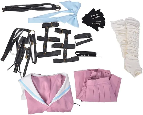 Vista 6 de Cosplayfm Disfraz de anime para mujer conjunto completo de uniforme escolar rosa con cinturón