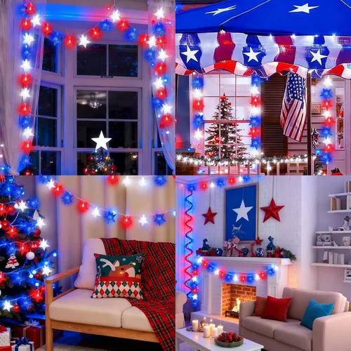 Vista 3 de LAMPHOME Guirnalda de luces LED de estrella roja, blanca y azul, 20 luces LED de hadas con cable transparente, 3 AA impermeables, 8 modos, luces