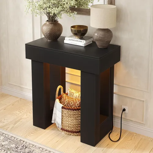 Vista 6 de Unikito Mesa de entrada de 32 pulgadas con enchufe y sensor de luz, mesa consola estrecha con almacenamiento detrás del sofá, mesa de entrada