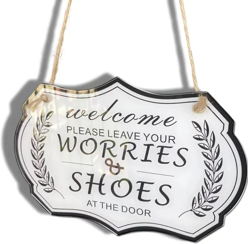 Vista 7 de Letrero con texto en inglés «Please Leave Shoes & Worries at the Door», letrero de diseñador de RAMIEYOO para puerta de casa, regalo perfecto