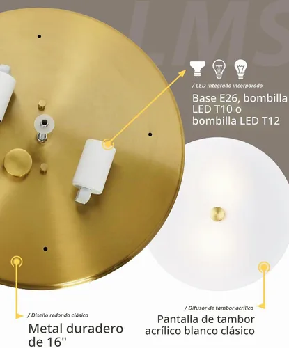 Vista 6 de LMS Lámpara de techo empotrada, moderna lámpara de techo de baño dorada cepillada con tambor blanco lechoso pantalla acrílica para cocina, sala