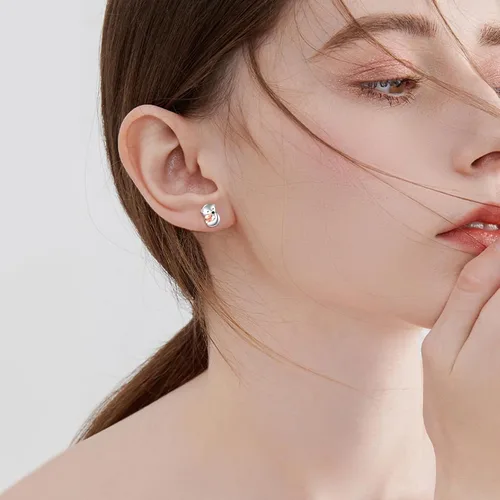Vista 2 de Aretes de plata de ley con diseño de búho, conejo, gato, xolotl, joyería para mujeres y niñas