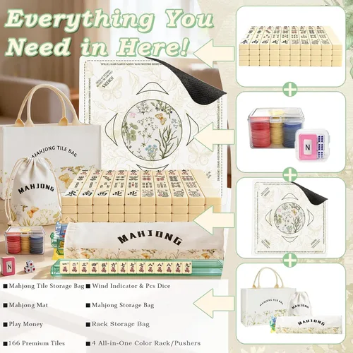 Vista 2 de GUJYUYIF166 American Mahjong Tiles Set with Mat, Racks and Accessories White