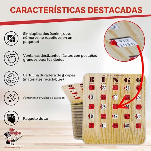 Vista 4 de MR CHIPS Tarjetas de bingo a prueba de atascos con ventanas deslizantes, paquete de 10 unidades más baraja de tarjetas de llamadas