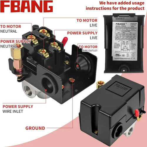 Vista 4 de Válvula de control del interruptor de presión del compresor de aire, regulador de presión 90-120PSI con conjunto de accesorios de manómetros