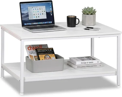 Vista 14 de SUPER DEAL - Mesa de café industrial de 2 niveles con estante de almacenamiento para apartamento pequeño, sala de estar, mesa auxiliar rectangular