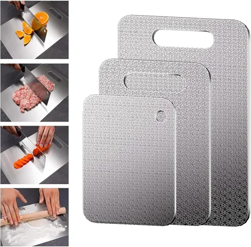 Vista 9 de Tabla de cortar de acero inoxidable de 11.8 x 7.9 pulgadas, pequeña tabla de cortar de metal para cocina, tablas de cortar de acero 304 de grado