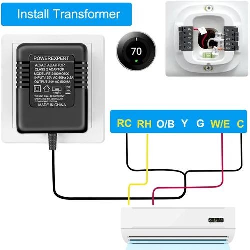 Vista 3 de Transformador de timbre de puerta, transformador de CA de 24 voltios para adaptador de cable Ring C, cable termostato compatible con timbre