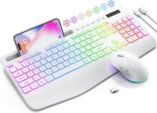Vista 6 de SABLUTE Combo de teclado y mouse inalámbricos, 9 efectos retroiluminados, reposamuñecas, soporte para teléfono, teclados ergonómicos sin retrasos