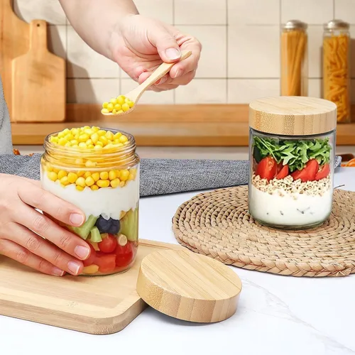 Vista 6 de Tarros de vidrio de 16 onzas con tapas, recipientes de avena nocturna con tapas de bambú, frascos Mason de vidrio de boca ancha, recipientes