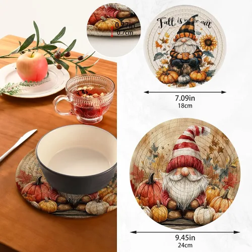 Vista 3 de Gnomo de otoño - Alfombrilla de salvamanteles 2 piezas de hojas de otoño redondas tejidas agarraderas para mesa de cocina, protector de encimera