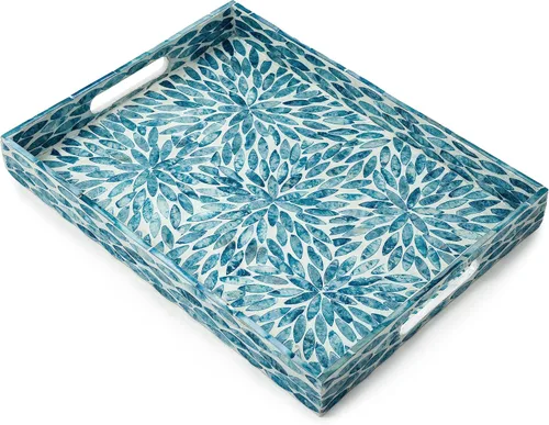 Vista 4 de Bandeja de Servir 15.7" X 11.8", Bandeja de Incrustación de Madre de Perla Lacada en Mosaico, Bandeja de Madera de Mármol Rectangular con Asas