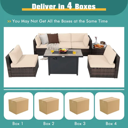 Vista 6 de Tangkula Juego de muebles de patio de 7 piezas con mesa para fogata, incluye mesa rectangular de propano de 42 pulgadas y 60,000 BTU y funda