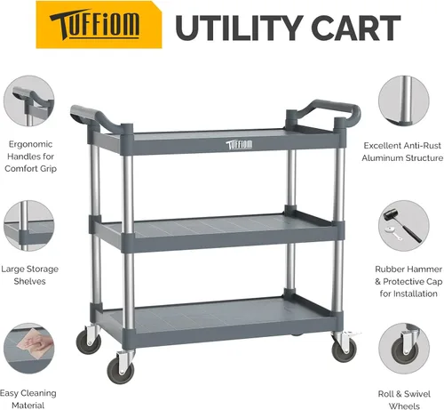 Vista 10 de TUFFIOM Carrito de servicio de plástico de 3 niveles con ruedas, resistente capacidad de 390 libras, rodante comercial, ideal para restaurantes