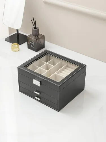 Vista 2 de AOSIFIEL Joyero de 3 capas organizador de joyas con tapa de cristal transparente, joyero para mujeres, adolescentes y niños, caja de almacenamiento