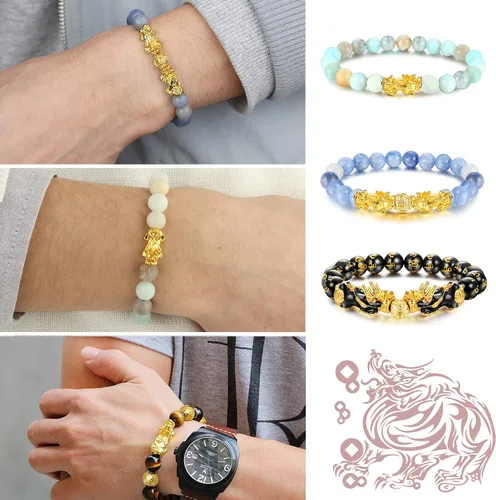 Vista 3 de sailimue Juego de 6 pulseras Feng Shui Pixiu de buena suerte para hombres y mujeres, pulsera de cuentas de ojo de tigre de piedra natural, pulsera
