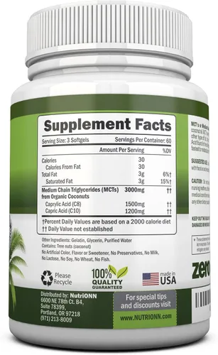 Vista 2 de NutriONN Aceite MCT, 3000 mg por porción, 180 cápsulas blandas, hecho de cocos 100% orgánicos, sin OMG, prensado en frío, cápsulas aptas para paleo