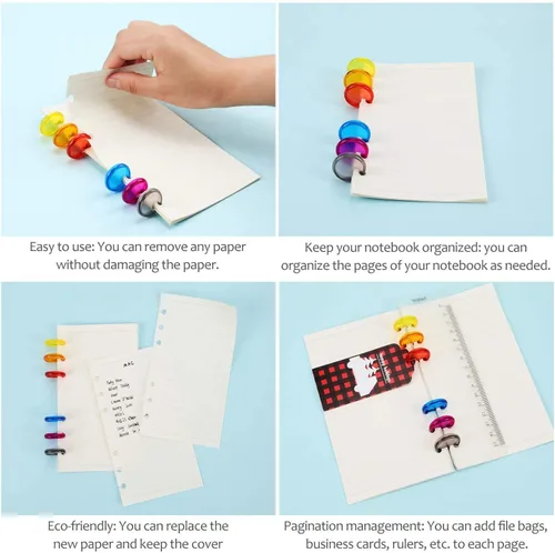 Vista 5 de Fantasyon 60 discos de plástico para carpeta de hojas sueltas, 6 colores de discos de expansión de disco y anillos para añadir páginas, notas u