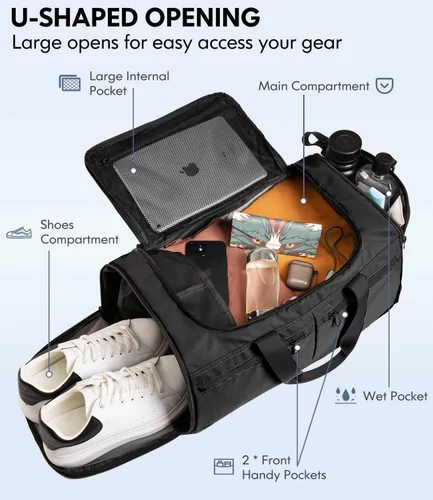 Vista 2 de Bolsas de gimnasio para hombres y mujeres, plegable, bolsa de lona deportiva, bolsa de entrenamiento, bolsas de viaje, Negro -, Bolsa de gimnasio