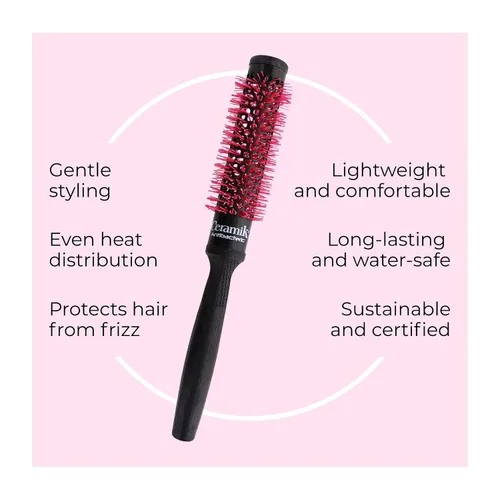 Vista 2 de TEK Cepillo redondo profesional de cerámica con barril tratado con oxígeno, mango de madera y cerdas naturales - Ideal para secar y peinar cabello