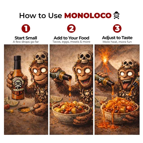 Vista 8 de Monoloco Salsa picante vegana sin gluten con gorro escocés panameño, rocoto, pimientos de cayena y pimientos fantasma, ajo y especies naturales
