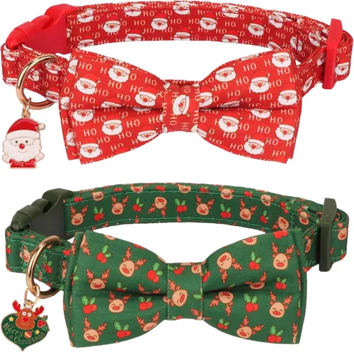 Vista 9 de ADOGGYGO Collares de Navidad para Perros con Corbatín, Collar Ajustable de Navidad para Mascotas con Corbatín Rojo Verde, Collares de Navidad
