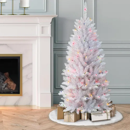 Vista 5 de Puleo International Árbol de Navidad artificial de abeto Fraser preiluminado de 4.5 pies con 150 luces, color blanco