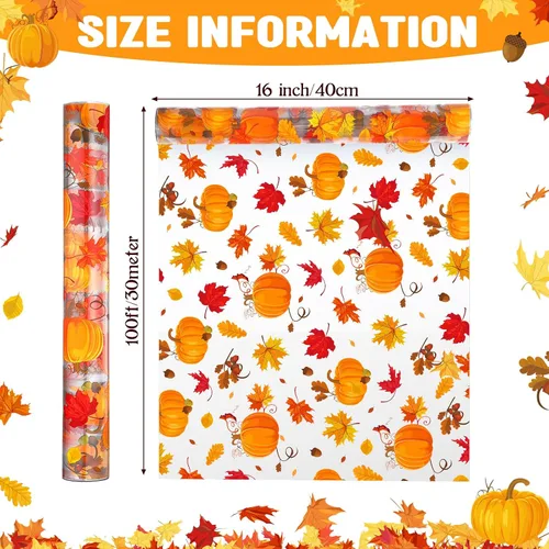 Vista 2 de Papel de regalo de celofán de otoño, 100 x 16 pulgadas, 2.5 mil de grosor, rollo de envoltura de celofán transparente con temática de otoño