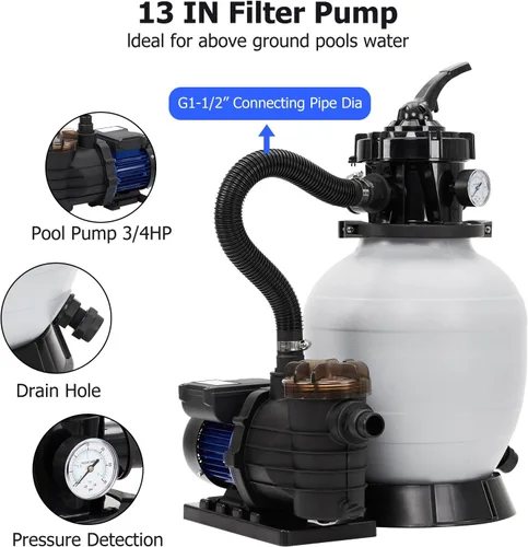 Vista 3 de Bomba de filtro de arena de 13 pulgadas, filtro de arena de piscina de 3434 GPH de 3/4 HP para piscinas sobre el suelo y enterradas de hasta 8500
