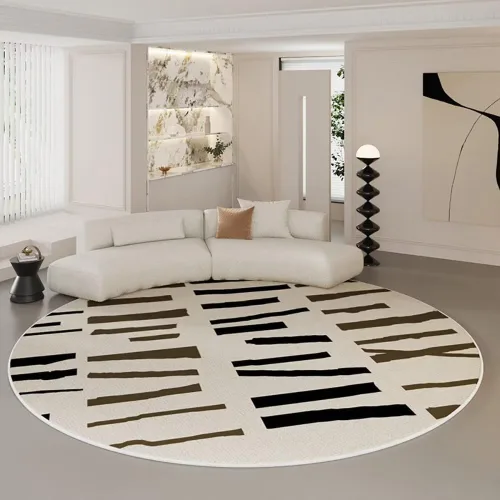 Vista 15 de Modernas alfombras redondas de color marfil a rayas negras para dormitorio, sala de estudio, simple moda abstracta, alfombra de área circular de 2