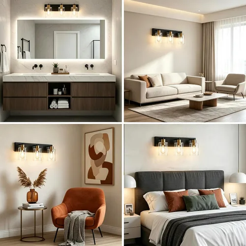 Vista 3 de Luz de tocador negra y dorada de 3 luces para baño y cocina, 22 Negro y Dorado