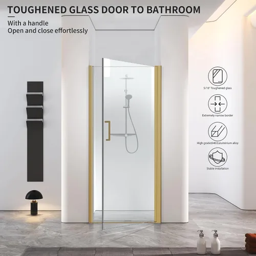 Vista 4 de Puerta de ducha de baño, puerta de ducha de vidrio templado sin marco, panel de ducha de 28" de ancho x 72" de alto, puerta de ducha batiente simple