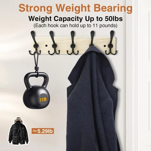 Vista 5 de Perchero de madera resistente para pared, paquete de 2 perchas de pared con 5 ganchos triples para ropa, chaqueta, sombrero, llaves, organizador