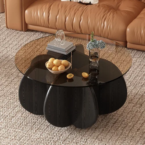 Vista 2 de Mesa de centro redonda de 31.5 pulgadas con parte superior de vidrio templado, mesa de cóctel moderna de mediados de siglo con base inspirada