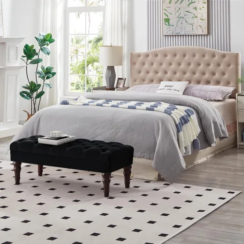 Vista 8 de 24KF Banco de entrada tapizado con botones capitoné de terciopelo con pata de madera maciza, banco de cama otomano con asiento acolchado, 5061N-Negro