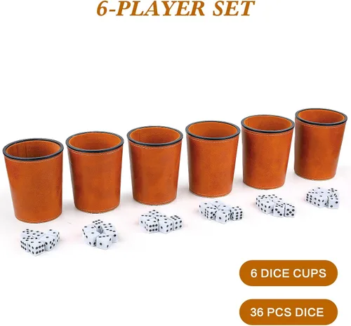 Vista 2 de Juego de tazas de dados con forro de fieltro de cuero PU de Reriver, 6 tazas silenciosas mezcladoras de dados con 36 dados para juegos de Bar Party