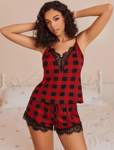 Vista 6 de Avidlove Conjunto de pijama para mujer con ribete de encaje, conjunto de pijama modal con cuello en V, sin mangas, ropa de dormir con cordón
