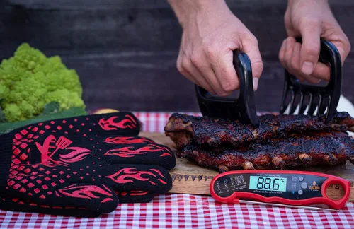 Vista 2 de Guantes de barbacoa, termómetro digital de carne y garras de barbacoa para triturar carne - Gran juego de accesorios de herramientas para ahumar