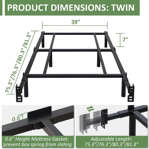 Vista 2 de Twin Metal Bed Frame, 7 Inch Low Heavy Duty Platform Bed Frames Twin Size for Box Spring and Mattress, Easy Assembly, Noise-Free, Adjustable, Black