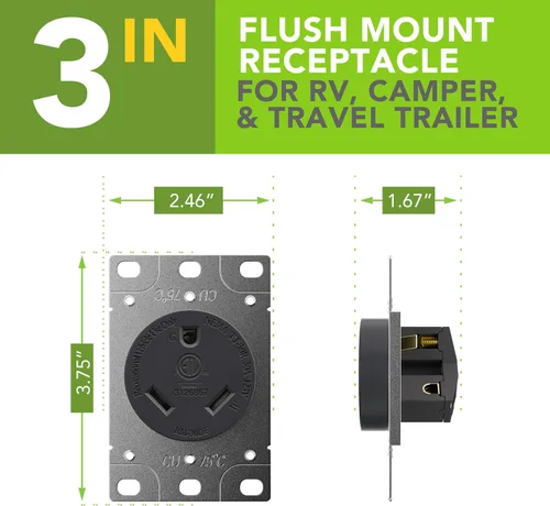 Vista 2 de RV 30 amperios, 125 voltios, NEMA TT-30R, 2P, receptáculo de alimentación de 3 W, cuchilla recta, grado industrial, conexión a tierra, cable