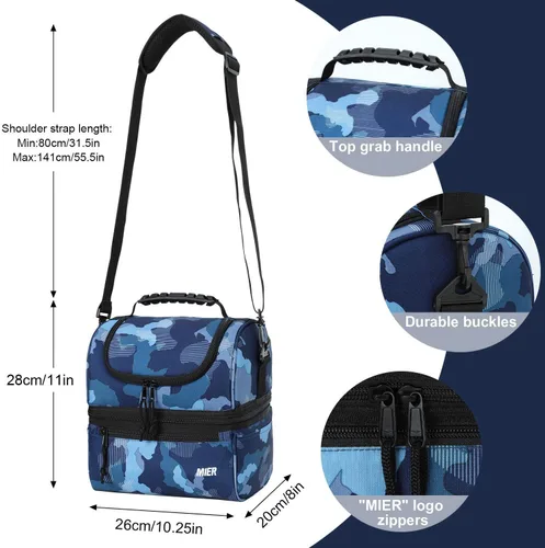 Vista 4 de MIER Lonchera para adultos, bolsa de almuerzo aislada, bolsa grande para mujeres, enfriador de doble cubierta, camuflaje (grande) y negro (mediano)