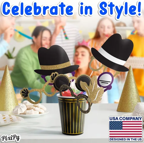 Vista 7 de Accesorios para cabina de fotos – Gafas de fiesta temática de los años 20 – Negro y dorado, 10 piezas – Twenties, Jazz, Gatsby, Vintage, Año Nuevo