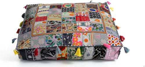 Vista 32 de CRAFT KALA Funda de Puf Tradicional de Retazos Cuadrada India Pufs de Sala de Estar India Otomana de Diseñador Bordada Decorativa Hogar Vida Rosa